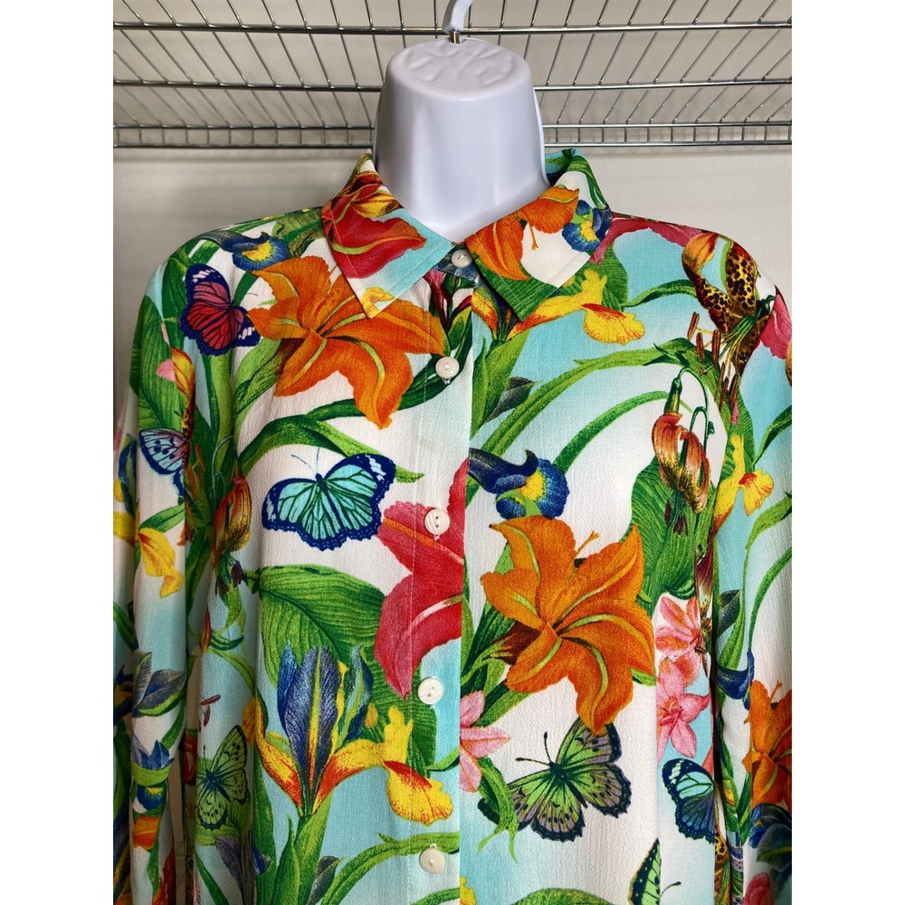 Linea Louis Dell'Olio Womens Blue Floral Butterfly Shirt Dress Sz S Resortwear - Picture 7 of 11